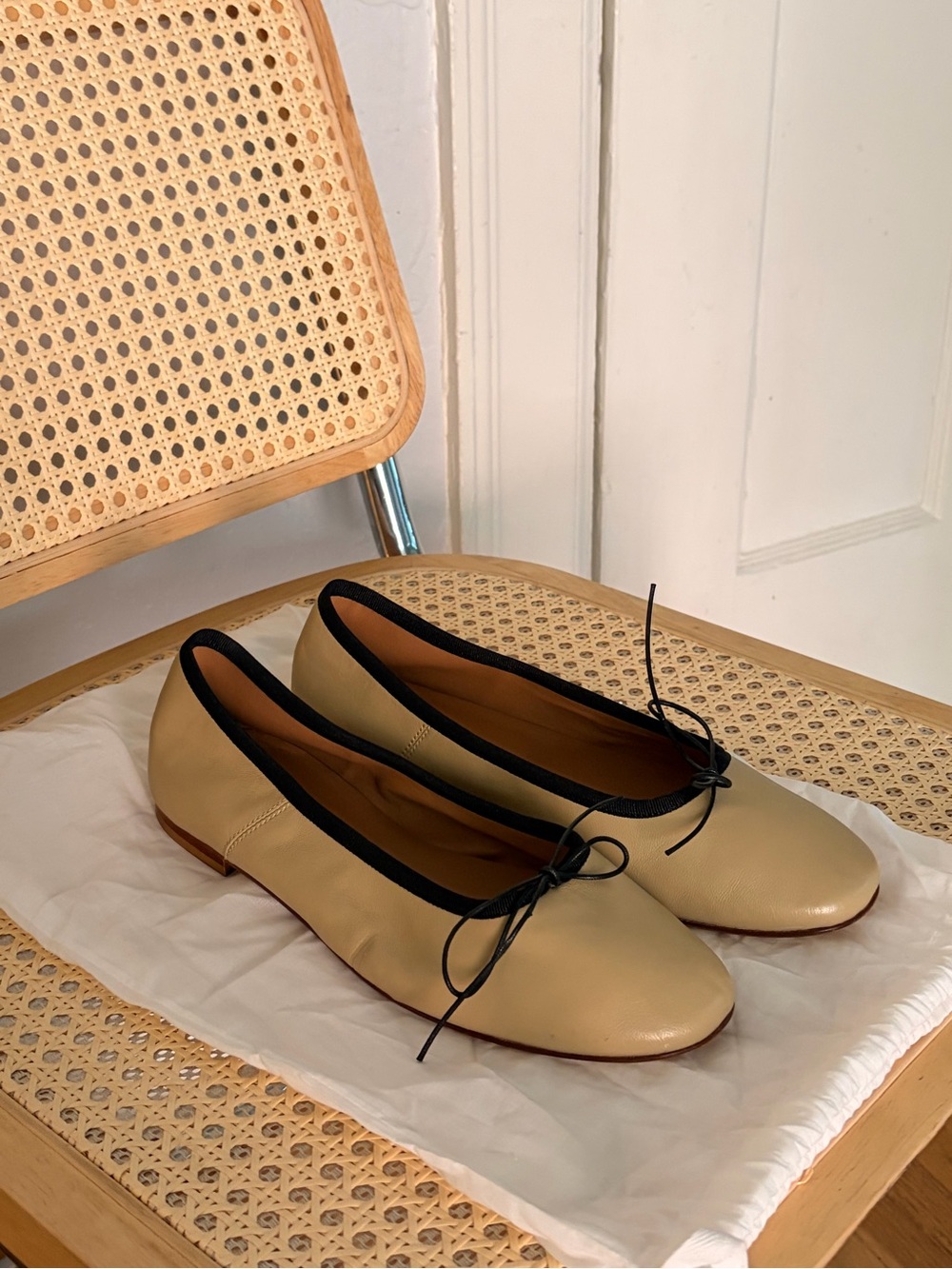 Mansur Gavriel Cream Ballet Flats with Black Trim and Bow